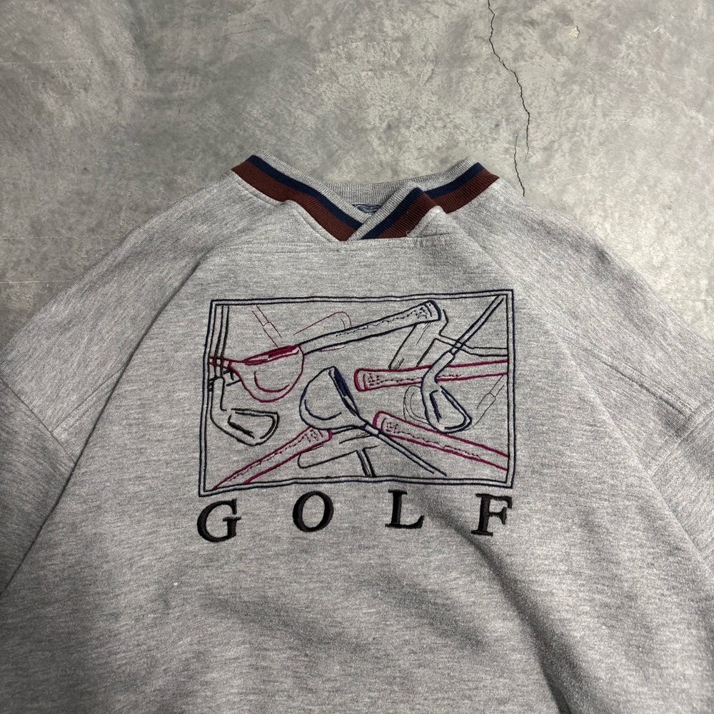 Lee Grey V-Neck Sweater with Golf Graphic and Navy-Rust Trim